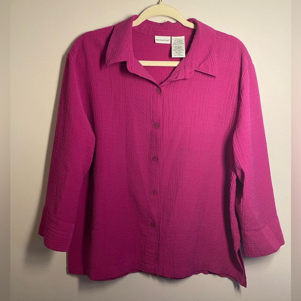 White Stag Pink Crinkle Button-Up Blouse Large Oversized EUC